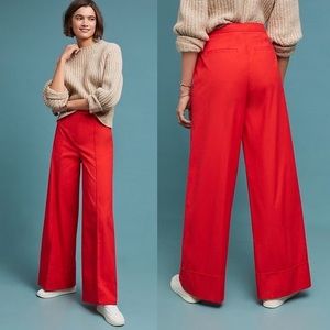 Anthropologie Red Poplin Wide Leg Pants